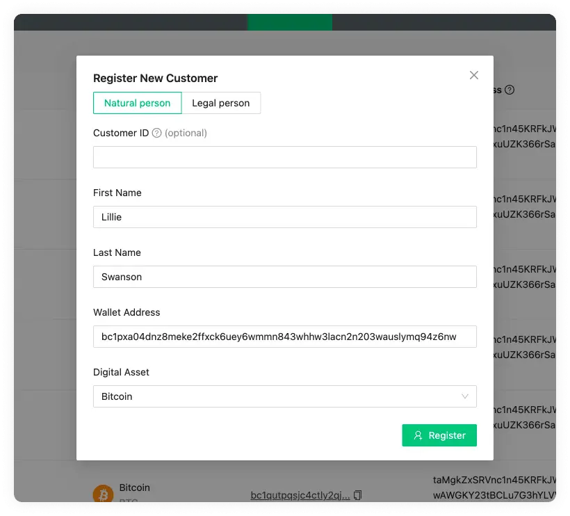Address Book Register A Customer Natural Person Modal