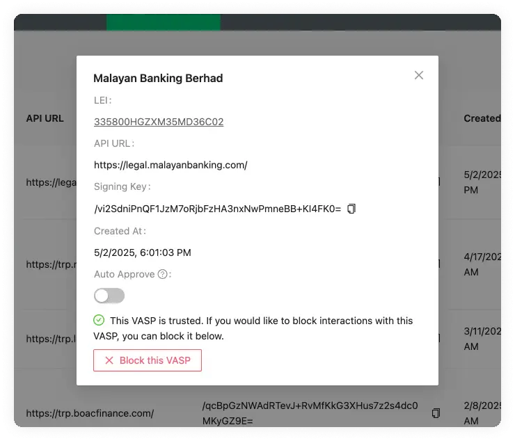 Counterparty VASP Untrusted VASP Details Approved VASP